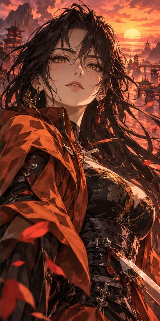 Original anime warrior against a glowing sunset