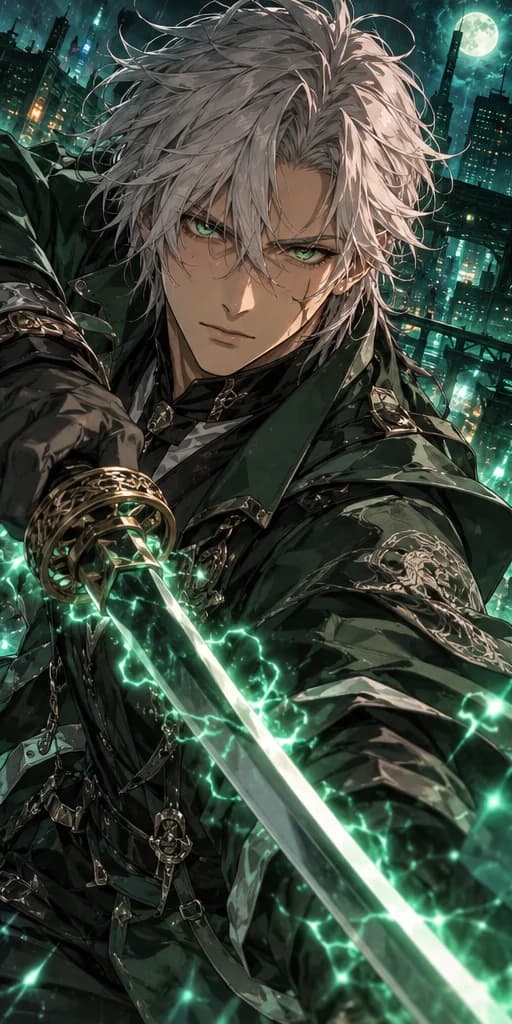 Original silver-haired anime swordsman surrounded by emerald light