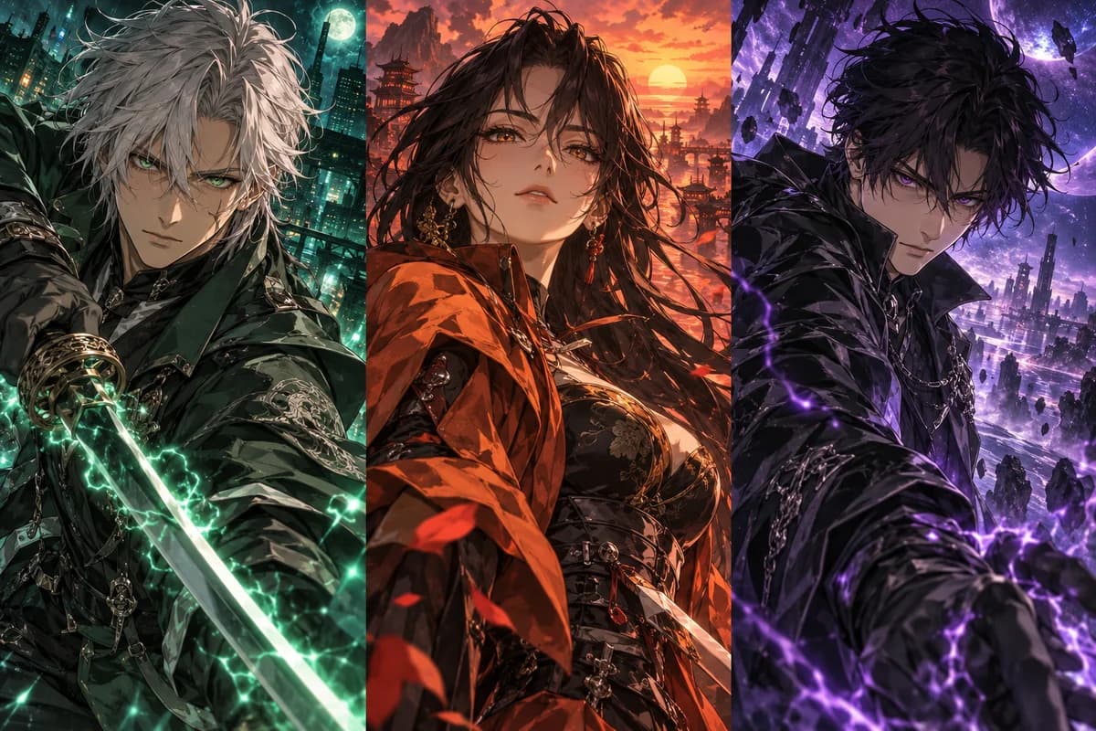 Original anime characters in emerald, sunset, and violet scenes