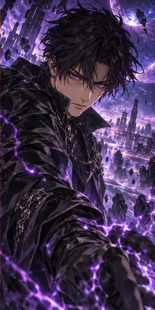 Original dark-haired anime rival surrounded by violet energy
